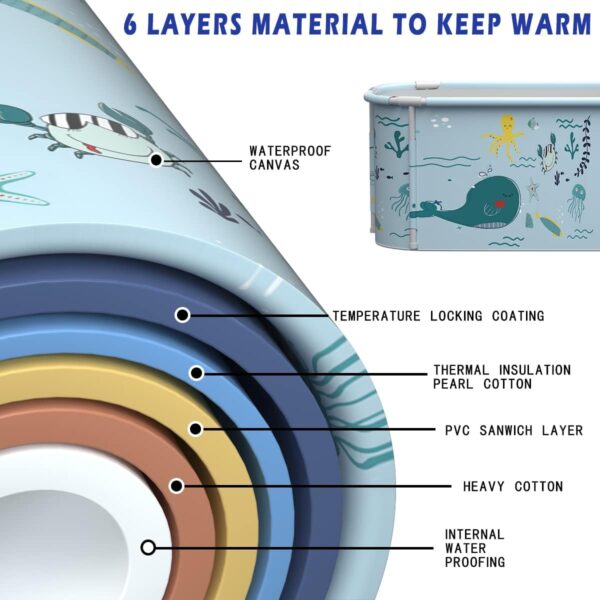 140cm Extra Large Portable Foldable Bathtub with Cover for Adult, Family SPA Soaking Tub for Small Bathroom, Thicken Multiple Layer Bathtub with Lid for Shower Stall (Ocean Design)