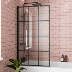LUXURA® 1400 x 800mm Black Square Grid Over Bath Shower Screen Door 6mm Clear Toughened Safety Glass Panel 180° Pivot Bathroom Hinged Framed Bath Screens