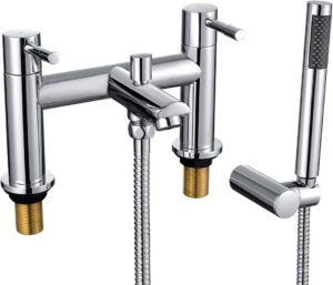 WasserRhythm Bath Mixer Taps with Shower Attachment Bathroom Tub Filler Tap Dual Lever Mixers Mono Monobloc Two Holes Chrome Brass 2 in 1 Bathtub Faucet with Handheld Shower Modern Deck Mounted