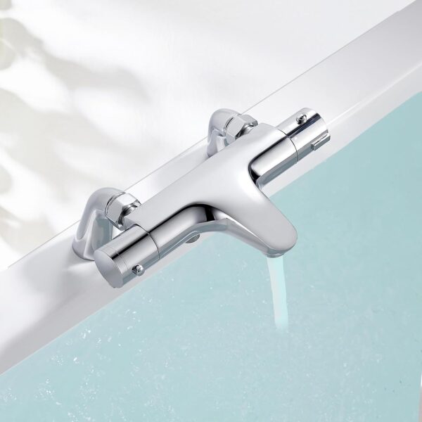 Thermostatic Bath Shower Mixer, Bevankly Exposed Thermostatic Shower Mixer Taps Valve Anti Scald Tap, Deck Mounted Bath Shower Mixer Bar with Anti-Scald Control Valve, Brass, 180mm