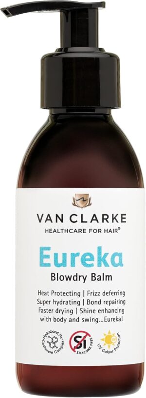 Van Clarke Eureka! Blowdry Balm -150ml - Heat protector - Tames Frizz, Super Hydrating, Repairs Bonds, Fast drying, Shine Enhancing with Body - Healthcare for Hair