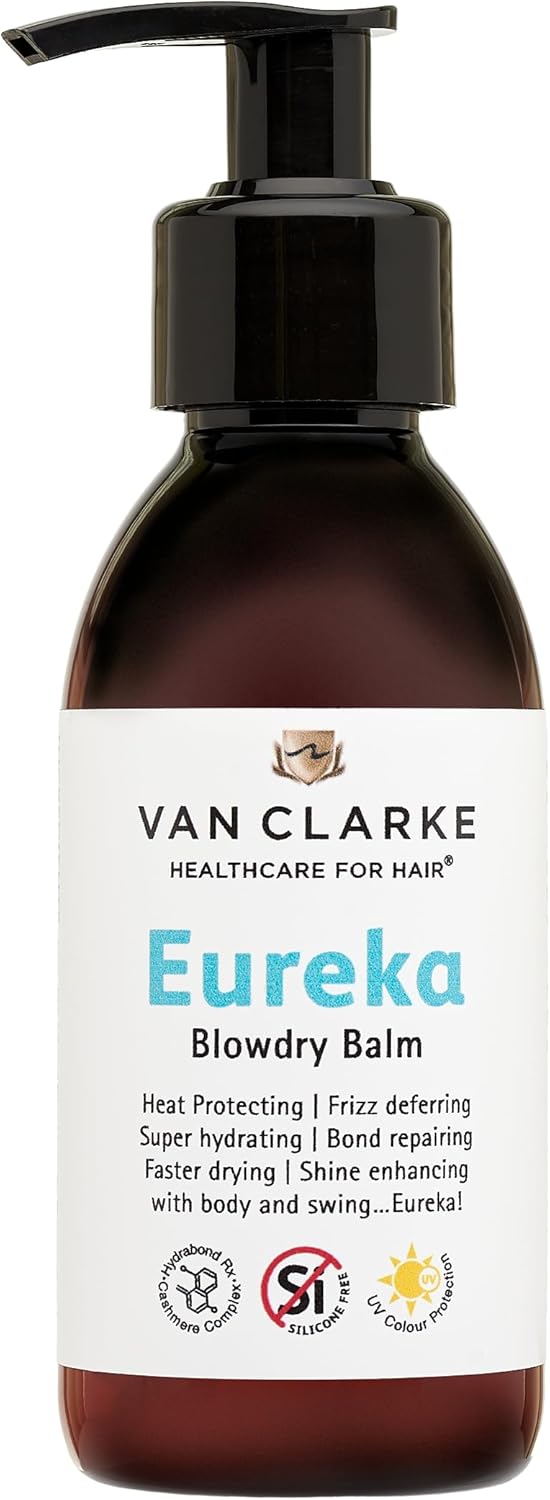 Van Clarke Eureka! Blowdry Balm -150ml - Heat protector - Tames Frizz, Super Hydrating, Repairs Bonds, Fast drying, Shine Enhancing with Body - Healthcare for Hair