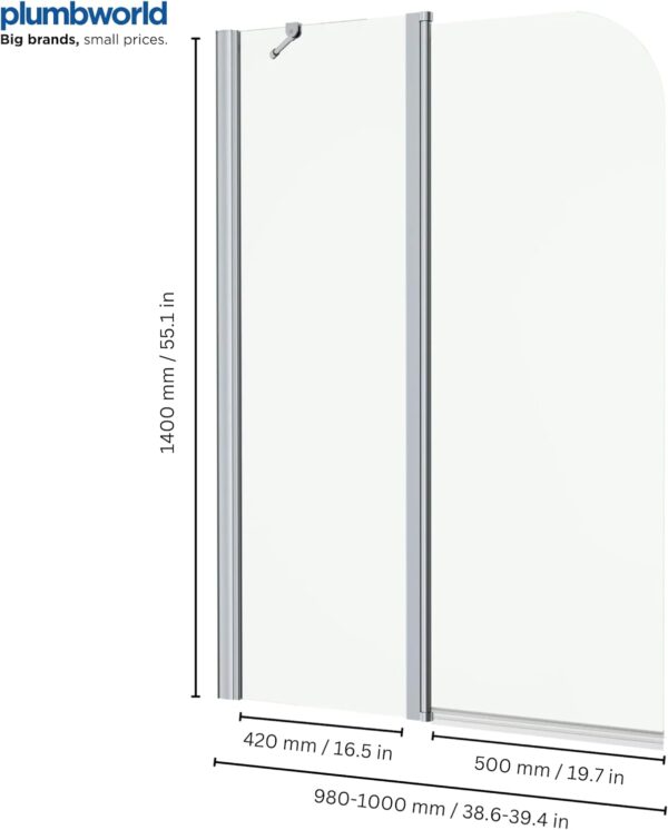 Luxura® 1400 x 1000mm Chrome 2 Section Folding Over Bath Shower Screen Door 6mm Clear Toughened Safety Glass Panel 180° Pivot Bathroom Hinged Framed Bath Screens