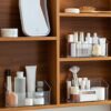 LINFIDITE Makeup Organiser Storage Tray Bathroom Cabinet Cosmetics Organiser Storage Tray Holder Countertop Vanity Display Case with 9 Compartments 2 Removable Dividers for Beauty Crystal Clear