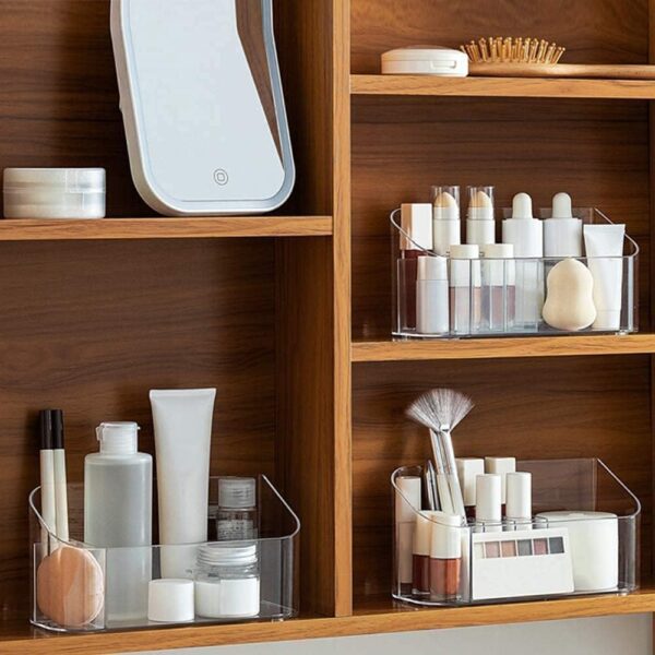 LINFIDITE Makeup Organiser Storage Tray Bathroom Cabinet Cosmetics Organiser Storage Tray Holder Countertop Vanity Display Case with 9 Compartments 2 Removable Dividers for Beauty Crystal Clear