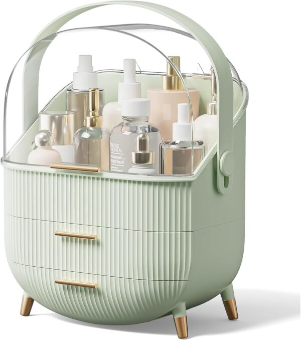 SIOOUI Makeup Organiser for Vanity, Portable Waterproof Dustproof Bathroom Organizer and Storage with Lid, Cosmetic Display Case Skincare Organizers (Mint Green)