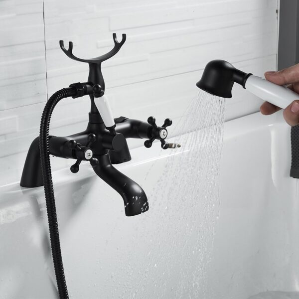 Blcak Victorian Bath Taps with Shower,Luckyhome Traditional 1/4 Turn Dual Lever Bathroom Tub Tap Mixer