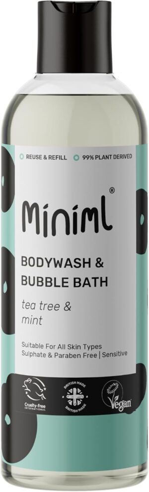 Miniml All Natural Body Wash and Bubble Bath - 500ml Moisturising Tea Tree & Mint Sensitive Skin Eco Shower Gel Bath Soak - Vegan Friendly High Foam