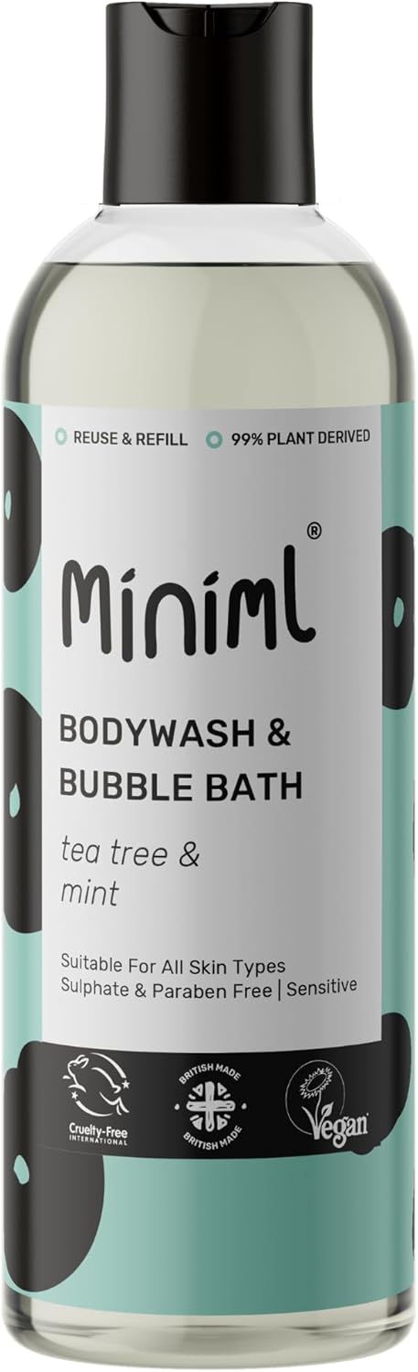 Miniml All Natural Body Wash and Bubble Bath - 500ml Moisturising Tea Tree & Mint Sensitive Skin Eco Shower Gel Bath Soak - Vegan Friendly High Foam