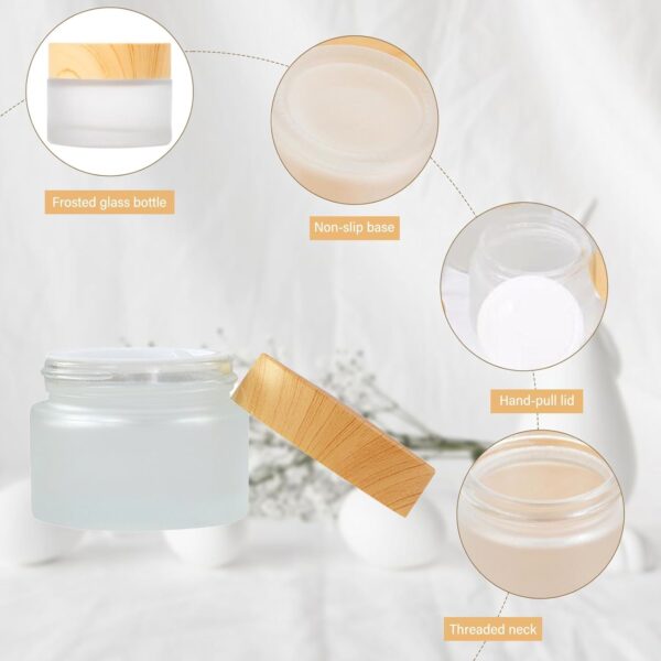 8 Pcs Frosted Clear Glass Cosmetic Jars with Wood Grain Plastic Lids & Inner Liners – 20ml & 30ml Refillable Travel Pots for Creams, Lip Balm, Makeup, Powder, Lotion, and Nail Products