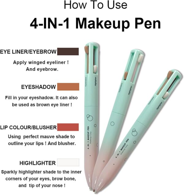 MKNZOME 4 in 1 Makeup Pen, Eye Liner, Lip Liner, Brow Liner Eyebrow Pencil, Highlighter Pen for Eye, Lip and Face Makeup, Long Lasting, Waterproof, Blendable, Multi-Function Beauty Pencil, Pack of 1