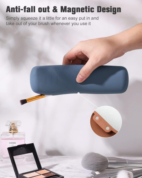 FERYES Makeup Brush Holder, Magnetic Closure Silicon Portable Cosmetic Face Brushes Holder, Soft and Sleek Makeup Tools Organizer for Travel- Blue
