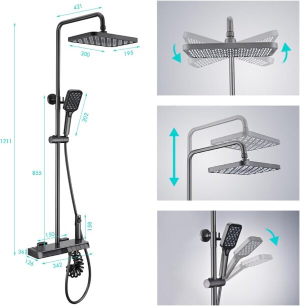PINCHU Thermostatic Shower System Wall Mount Exposed Shower Faucet Set 5 Function Rain Shower Combo Set with Back Spa, Hand Shower, Shower Head, Bidet Spray, Tub Spout