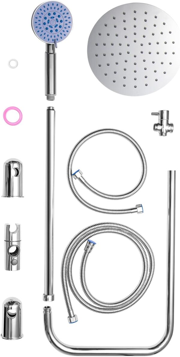 Youyijia Shower Riser Kit Shower Mixer Twin Head Shower Set Bathroom Square Mixer with Handheld Shower and 8" Square Overhead Adjustable Rainfall Shower Taps and Hose Chrome Plated Kit (Round)