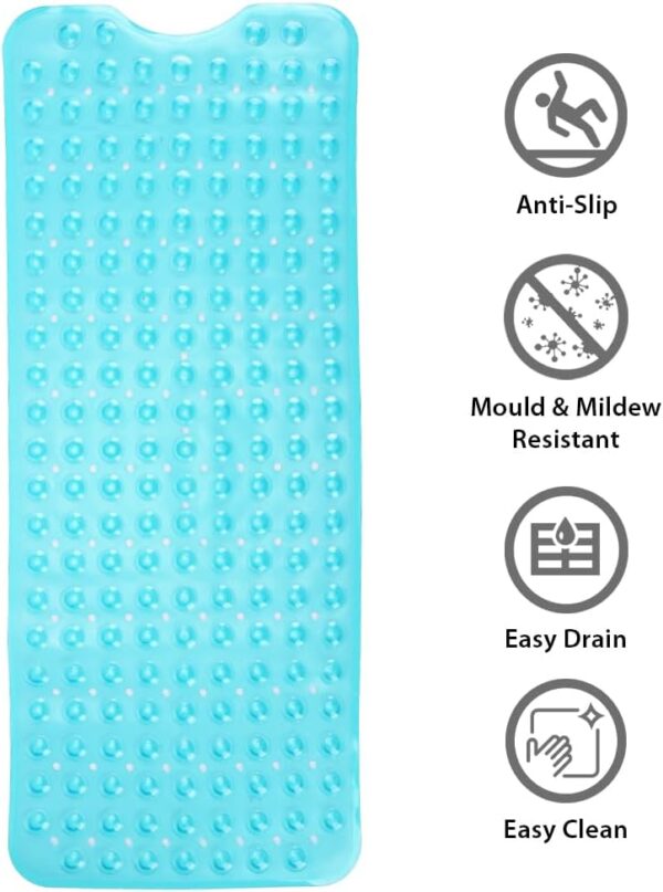 ANSIO® Long Bath Mat PVC Non-Slip Anti Mould Shower Mat with Drain Holes & Suction Cups Machine Washable Bathtub Mat 102 x 40cm / 40 x 16 inches - Teal