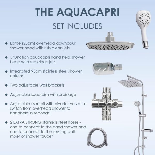 AQUALONA® Aquacapri Shower Column, Overhead and Handheld Shower with 5 Different Sprays Brass Exchange Valve, 2 Hoses Included (Aquacapri Shower Column)