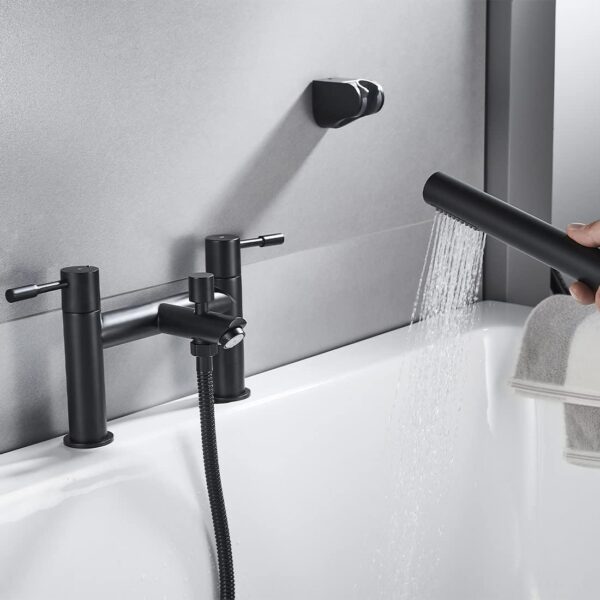 Luckyhome Bath Shower Filler Mixer Tap - Double Lever Chrome Solid Brass with Shower Hand, Black