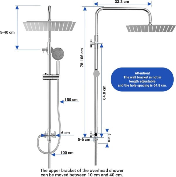 61tbfMleGPL._AC_SL1500_.jpg BIMVER Shower Mixer Set, Height Adjustable Shower System with 5 Jet Types Handheld Shower & 30×30cm Square Overhead Rainfall Shower Head, Water Saving Stainless Steels Shower Kit Without Tap, Chrome