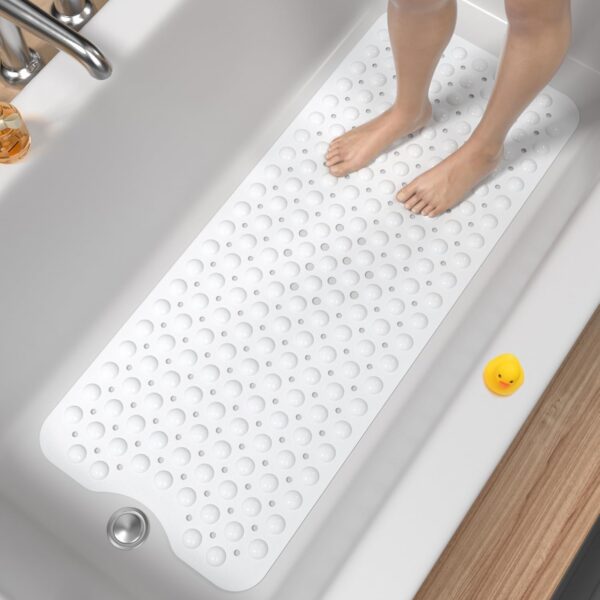 HITSLAM Non Slip Bath Mat for Tub, 101 x 40cm Extra Long Shower Mat Anti Mould, Machine Washable Bathroom Bathtub Mat with Suction Cups and Drain Holes, Soft on Feet, White