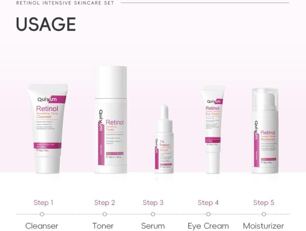 61u4qL34wlL._AC_SL1500_.jpg Quiyum Retinol Skincare Set, Anti Aging Skincare Routine Kit, Cleanser, Toner, Serum, Eye Cream, Face Cream, Pamper Gift Set for Women Mom Birthday, Hydrating & Radiant Travel Kit for All Skin Types