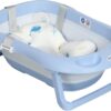 ZONEKIZ Foldable Baby Bath Tub Set, Collapsible Bathtub Antibacterial with Non-Slip Support, Cushion Pad, Shower Head Holder, for Newborn to Toddler Ages 0-6 Years - Blue
