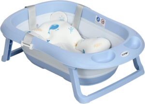 ZONEKIZ Foldable Baby Bath Tub Set, Collapsible Bathtub Antibacterial with Non-Slip Support, Cushion Pad, Shower Head Holder, for Newborn to Toddler Ages 0-6 Years - Blue