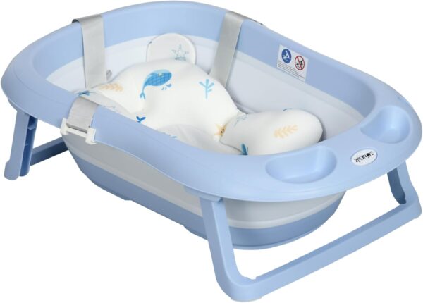 ZONEKIZ Foldable Baby Bath Tub Set, Collapsible Bathtub Antibacterial with Non-Slip Support, Cushion Pad, Shower Head Holder, for Newborn to Toddler Ages 0-6 Years - Blue