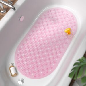 HITSLAM Oval Bath Mat Non Slip Anti Mould, 68 x 38 CM Anti Slip Shower Mat for Bathroom, Machine Washable Bubble Bathtub mat with Suction Cups and Drain Holes, Soft on Feet, Pink
