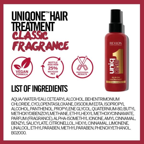 REVLON PROFESSIONAL Uniqone Hair Treatment, Moisturizing Leave-in Hair Treatment, Repair for Damaged Hair, Hair Treatment, Classic Fragrance – 150 ml