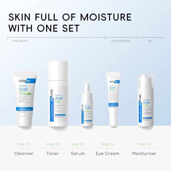 Quiyum Hyaluronic Acid Skincare Set, Hydrating Face Care Kit for Dry & Normal Skin, Facial Cleanser,Toner,Serum,Eye Cream,Face Cream, Pamper Gift Set for Women Teenage Girls Mom Birthday, Travel Kit