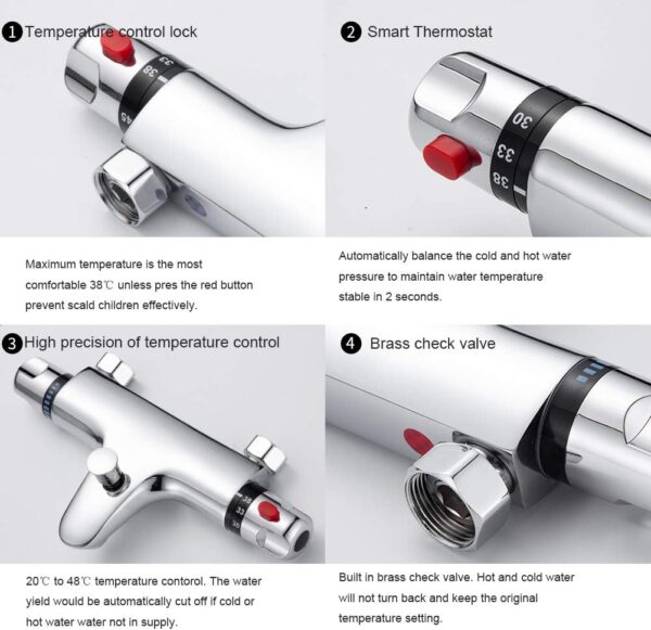 Thermostatic Bath Shower Mixer Tap, AIMOYO Deck Mounted Thermostatic Bath Tub Taps, Solid Brass Thermostatic Bathtub Shower Mixer Bar Valve, Thermostatic Bath Mixer Taps with Shower, 180mm