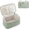 Makeup Bag Travel with Brush Compartment, Large PU Leather Cosmetic Organizer Case with Handle, Water-Resistant for Women, Green (Patent Pending)
