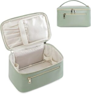 Makeup Bag Travel with Brush Compartment, Large PU Leather Cosmetic Organizer Case with Handle, Water-Resistant for Women, Green (Patent Pending)