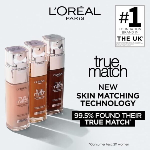 L'Oreal Paris True Match Liquid Foundation, Skincare Infused with Hyaluronic Acid, SPF 16, Available in 40 Shades, 1.W Golden Ivory, 30 ml