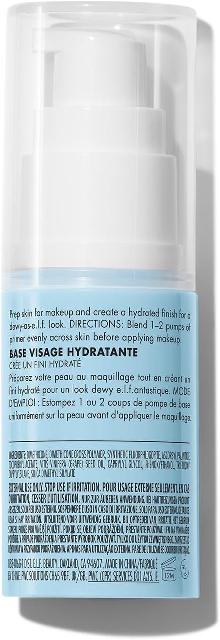e.l.f. Hydrating Face Primer, Lightweight, Long Lasting, Creamy, Hydrates, Smooths, Fills in Pores and Fine Lines, Natural Matte Finish, Infused with Vitamin E, 0.47 Oz