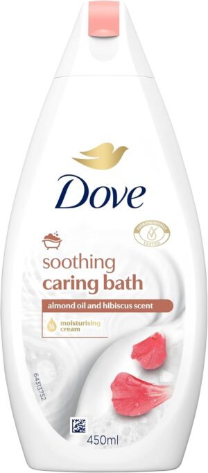 Dove Soothing Caring Bath Bath Soak with ¼ moisturising cream, almond cream & hibiscus for an indulgent bubble bath 450 ml
