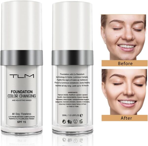 Colour Changing Foundation, TLM Flawless Color Changing Warm Skin Tone Foundation for Mature Skin, Waterproof Naturally Blends Moisturizing Foundation Makeup Base Nude Concealer Full Coverage SPF 15