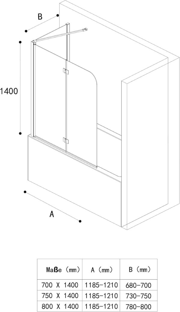 Mai & Mai Folding Shower Screen for Baths | Bath Shower Screen | WDH: 80×120×140cm | Safety Glass with Nano | 2 Folding Screens | with Wall Stabiliser | Cortona113