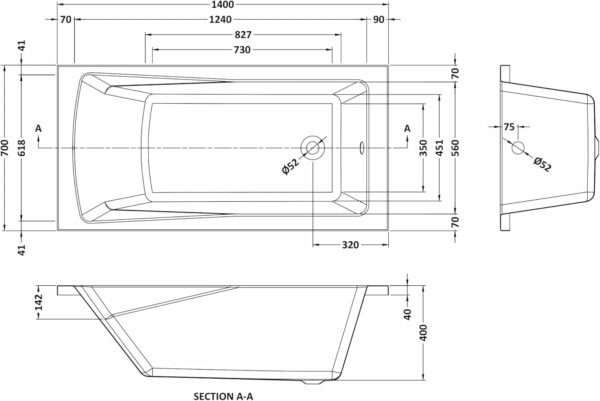 1400 x 700mm Compact Single Ended Straight Shower Bath with Leg Set