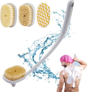 Back Scrubber Body Brush Long Handle for Shower, 3 in 1 Bath Washer Exfoliator with Soft, Stiff Bristle and Exfoliating Brush Head for Wet Dry Use in Shower for Men Women Elderly