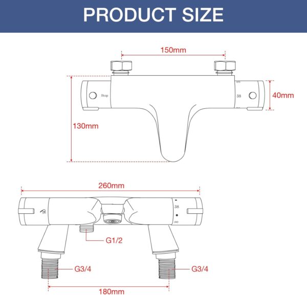 Thermostatic Bath Shower Mixer, Bevankly Exposed Thermostatic Shower Mixer Taps Valve Anti Scald Tap, Deck Mounted Bath Shower Mixer Bar with Anti-Scald Control Valve, Brass, 180mm