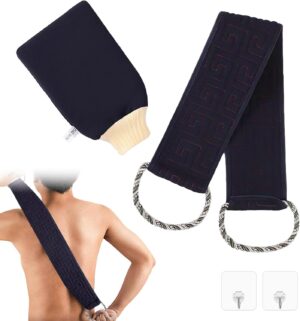 KASURE Exfoliating Back Scrubber for Shower & Bath Towel, Double-Side Use Exfoliate Washcloth Bath Tool, 37 Inches Back Washer with Handles, Shower Back Scrubber （2* Invisible Hook Included）