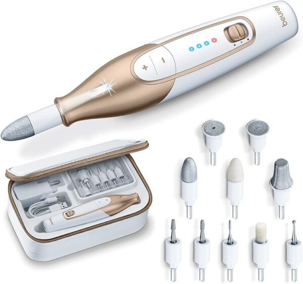 Beurer MP64 Manicure and Pedicure Set, Cordless Electric Nail File with 10 Attachments and Powerful Battery, Precision light, Nail Drill with Storage Case for at-home use