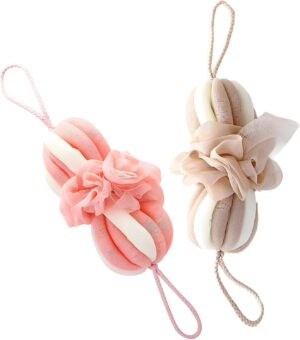 JYJLLM 2Pcs Bath Shower Loofah Sponge,Long Stretch Back Sponge Exfoliating Back Scrubber for Shower for Women and Men，Bath sponges for Adults，Shower Scrubber（Pink and Khaki）