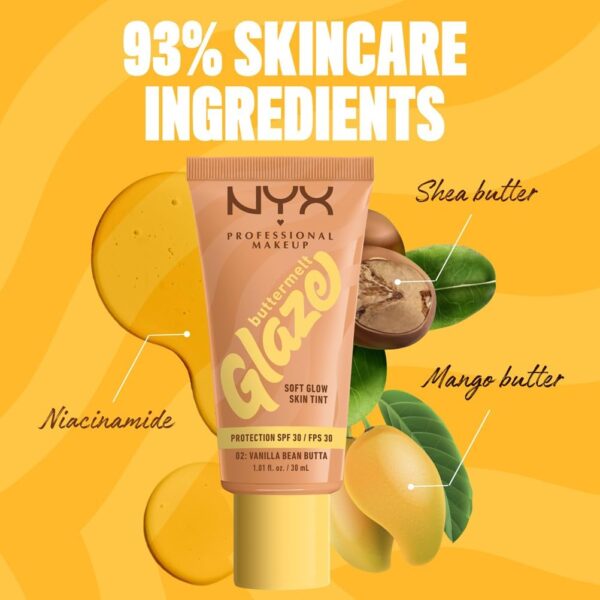 NYX Professional Makeup Buttermelt Glaze Soft Glow Skin Tint + SPF/FPS 30, Foundation, 12h Wear, Vanilla Bean Butta