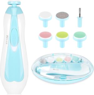 Baby Electric Nail File, 8 in 1 Safe Baby Nail Trimmer, Baby Nail Clippers with 6 Grinding Heads and Light, Baby Nail Care Kit for All Ages (Blue1)