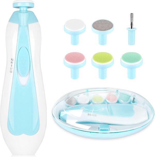 Baby Electric Nail File, 8 in 1 Safe Baby Nail Trimmer, Baby Nail Clippers with 6 Grinding Heads and Light, Baby Nail Care Kit for All Ages (Blue1)