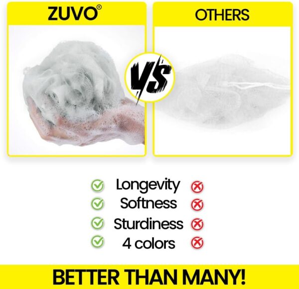 Zuvo Loofah Bath Sponge (4-Pack) – Soft & Durable Shower Puffs for Deep Exfoliation – Unisex Body Scrubber, Eco-Friendly and Skin-Safe, Assorted Colours.