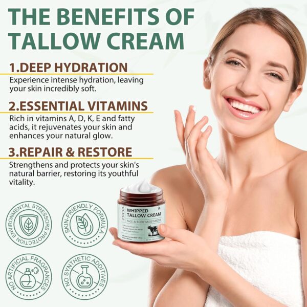 Beef Tallow Skin Care, Organic Beef Tallow Face Cream, Grass Fed Beef Tallow Moisturiser, Natural Beef Tallow for Skin, Whipped Tallow and Honey Balm for Dry Skin Deeply Nourishing for Face & Body