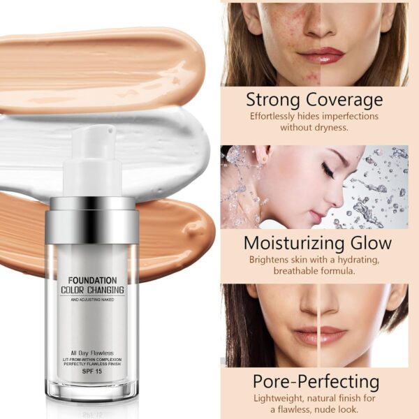 2Pcs Color Changing Foundation SPF15,Seamless Tone-Matching,Long-Lasting Hydration Nourishment, and Sun Protection for All Skin